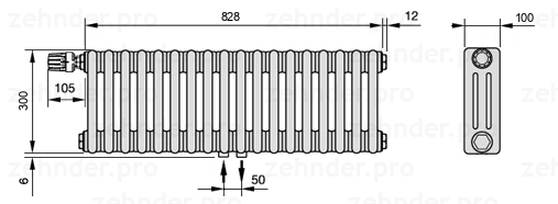 Схема (чертеж) Радиатор Zehnder Charleston 3030/18 №V007 Белый глянцевый RAL 9016